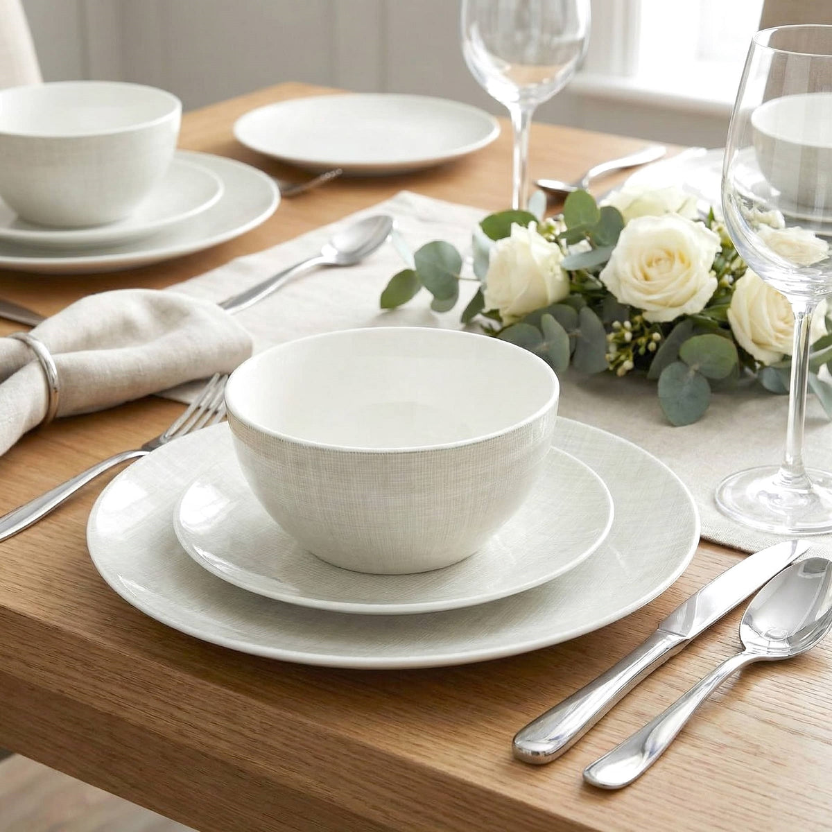 Waterside 12pc Linen Texture  Porcelain Dinner Set ( video attached)