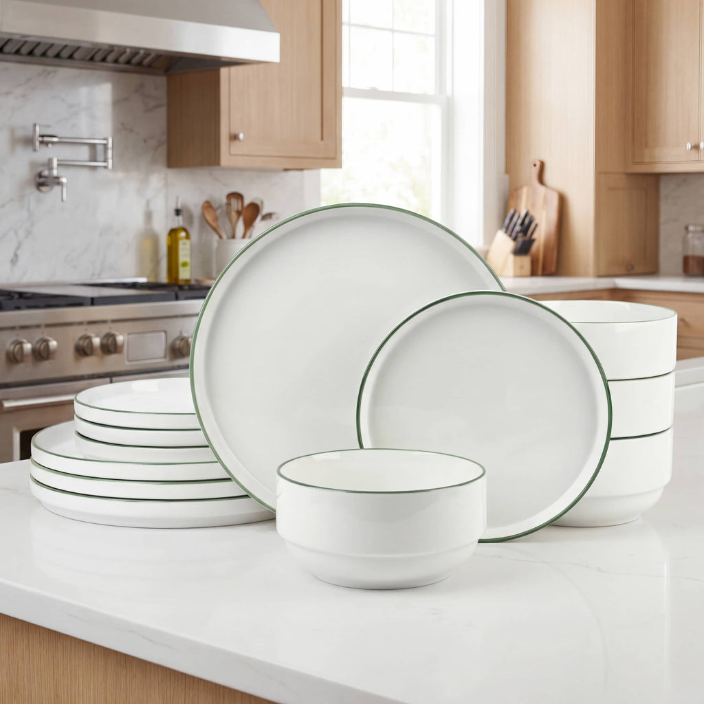 Waterside 12pc Stackable White with Green Rim Porcelain Dinner Set (Video Attached)