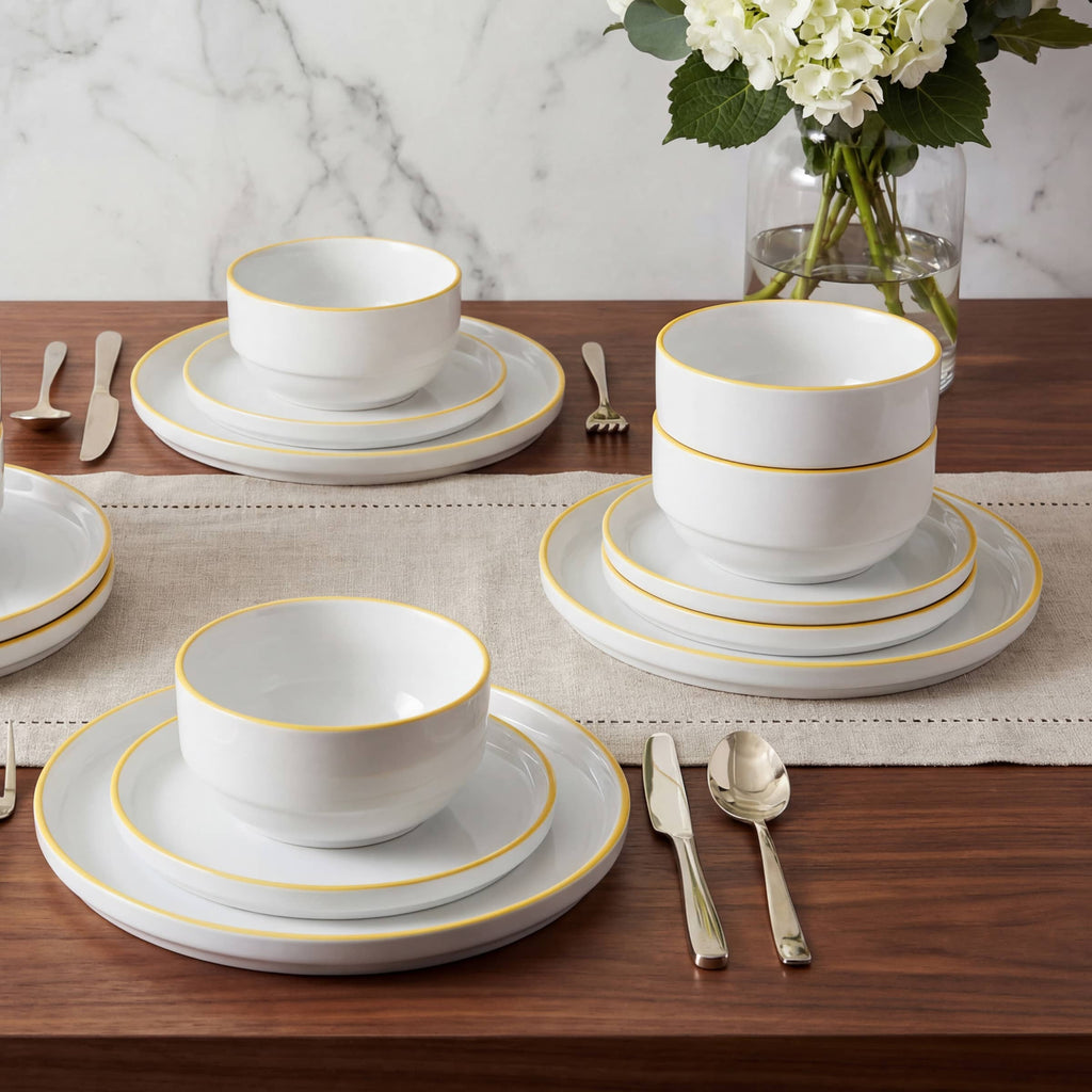 Waterside 12pc Stackable White with Yellow Rim Porcelain Dinner Set (Video Attached)