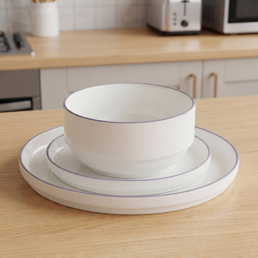 Waterside 12pc Stackable White with Purple Rim Porcelain Dinner Set (Video Attached)