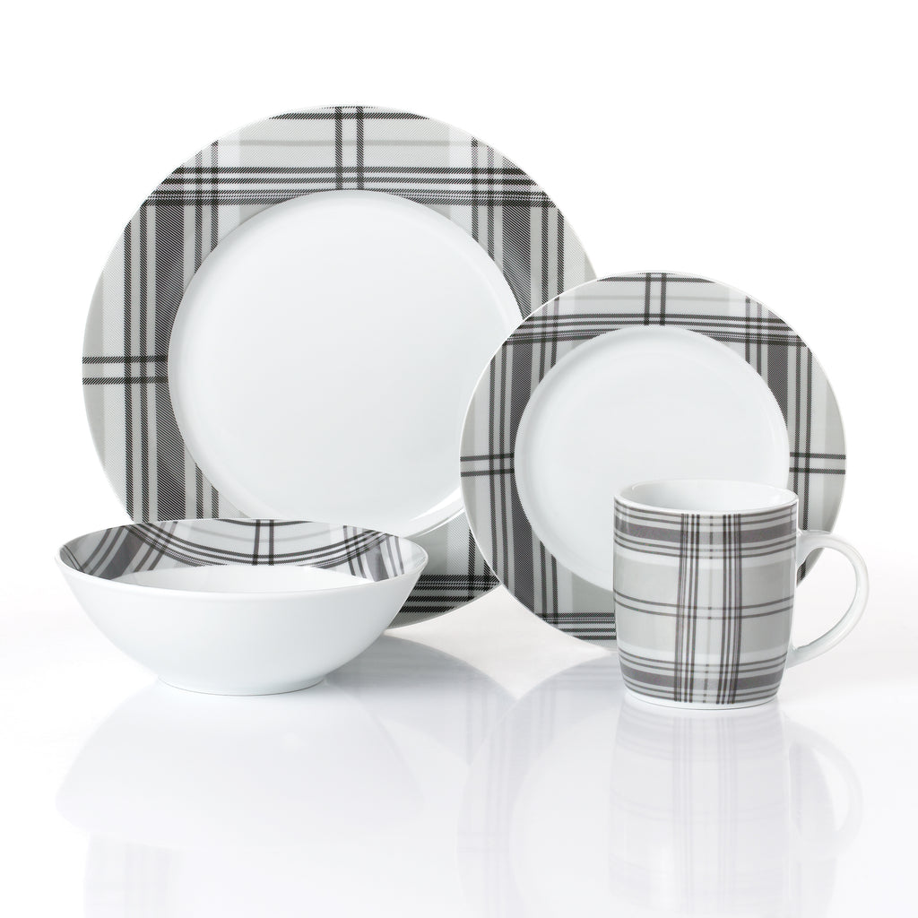 Waterside 16pc Grey Tartan Dinner Set