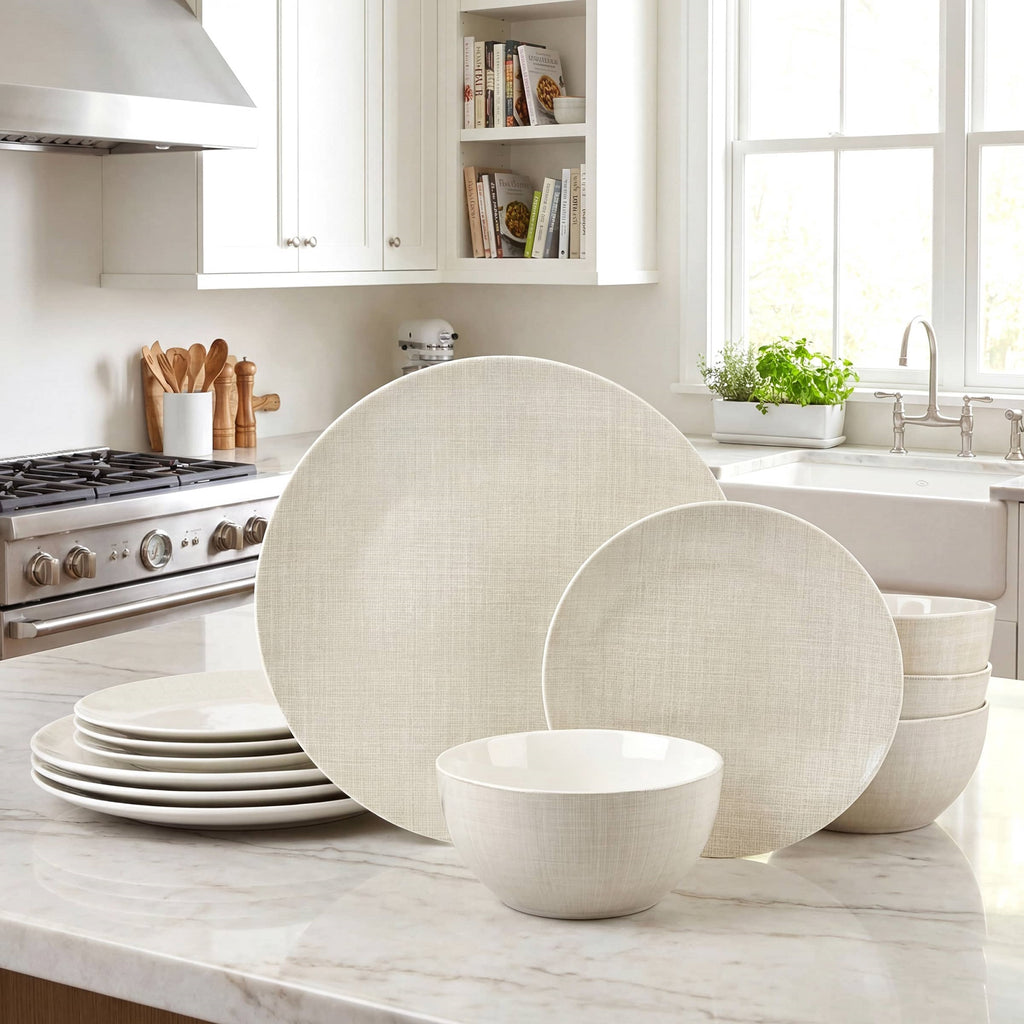 Waterside 12pc Linen Texture  Porcelain Dinner Set ( video attached)