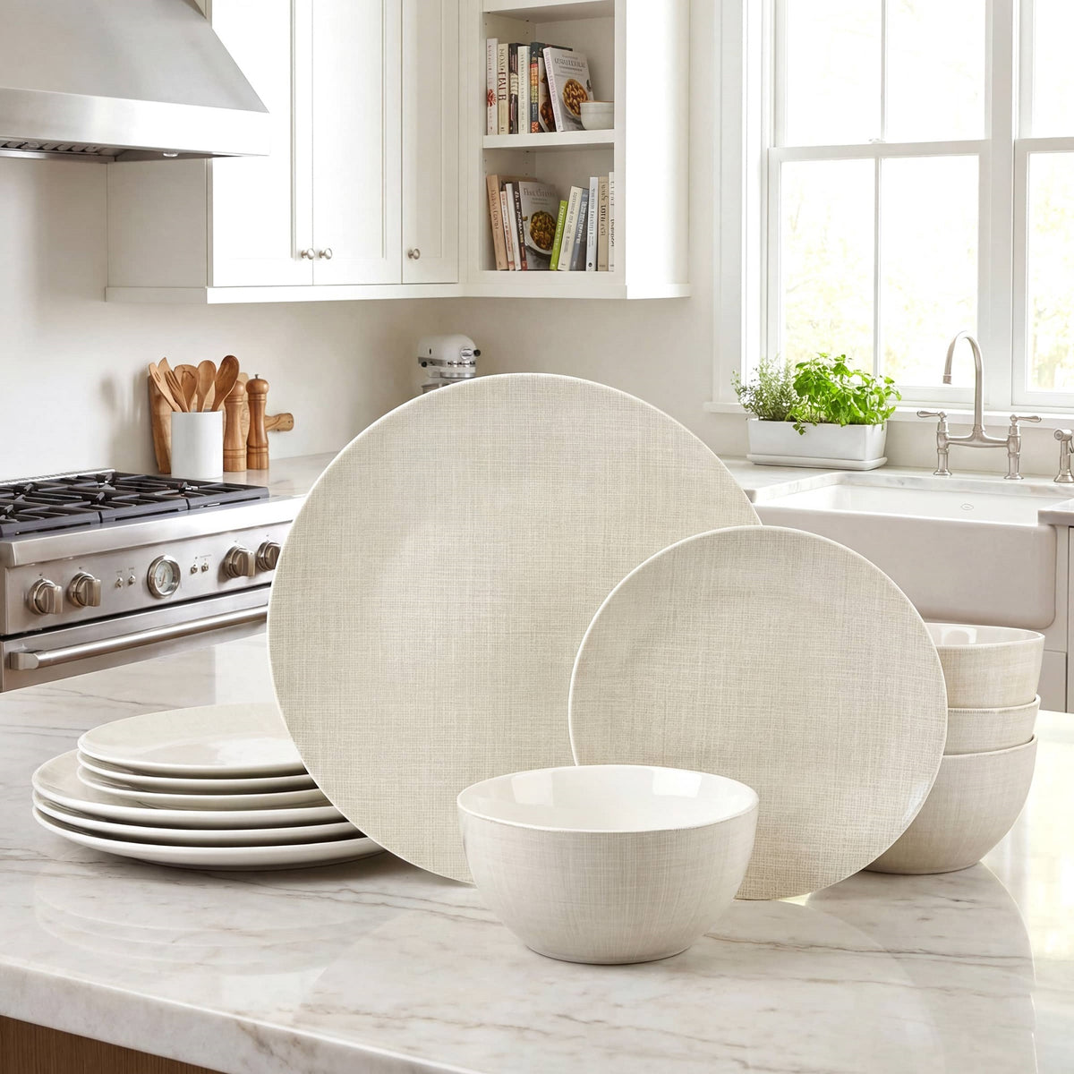 Waterside 12pc Linen Texture  Porcelain Dinner Set ( video attached)