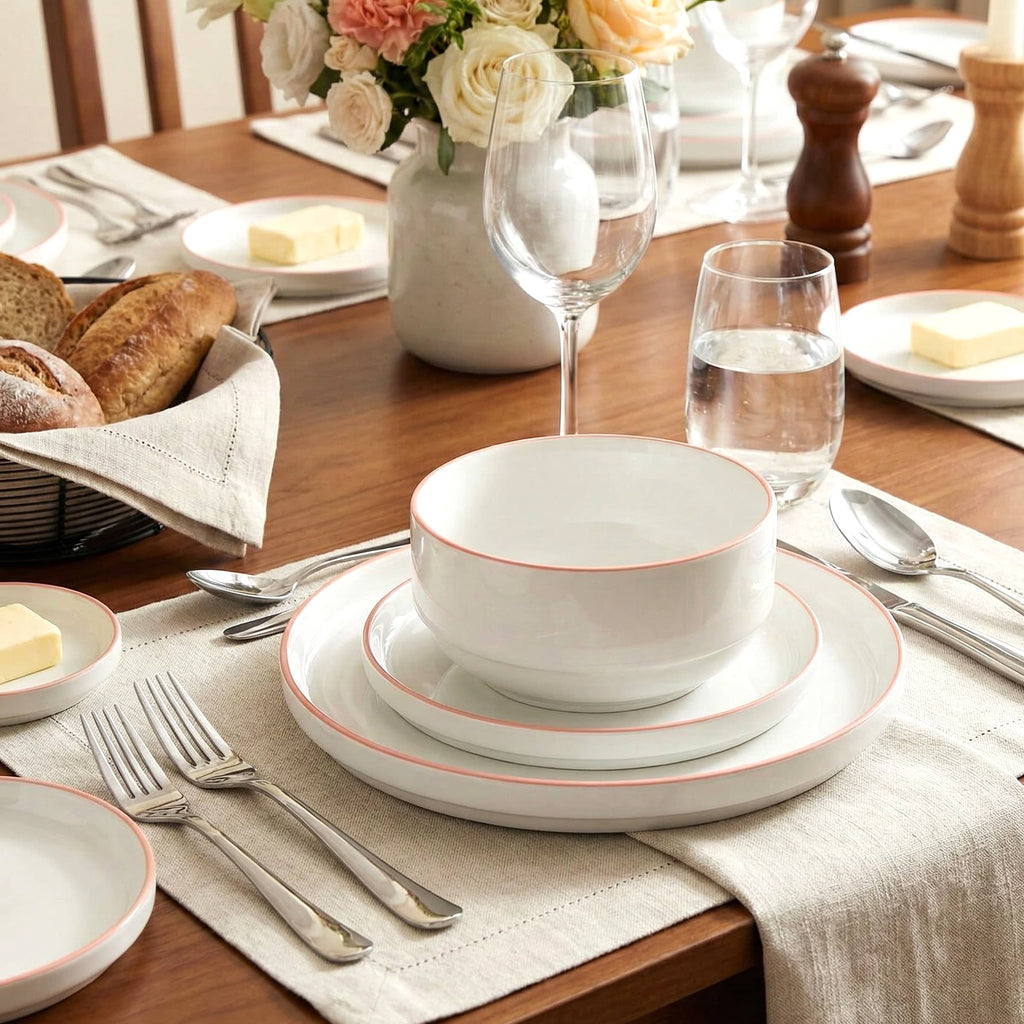 Waterside 12pc Stackable White with Orange Rim Porcelain Dinner Set (Video Attached)
