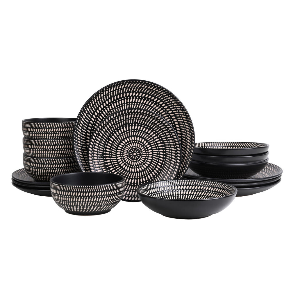 Waterside 16pc Black & Cream Dash Stoneware Dinner Set, 4 Dinner Plates, Side Plates, Deep Bowls and Soup Bowls