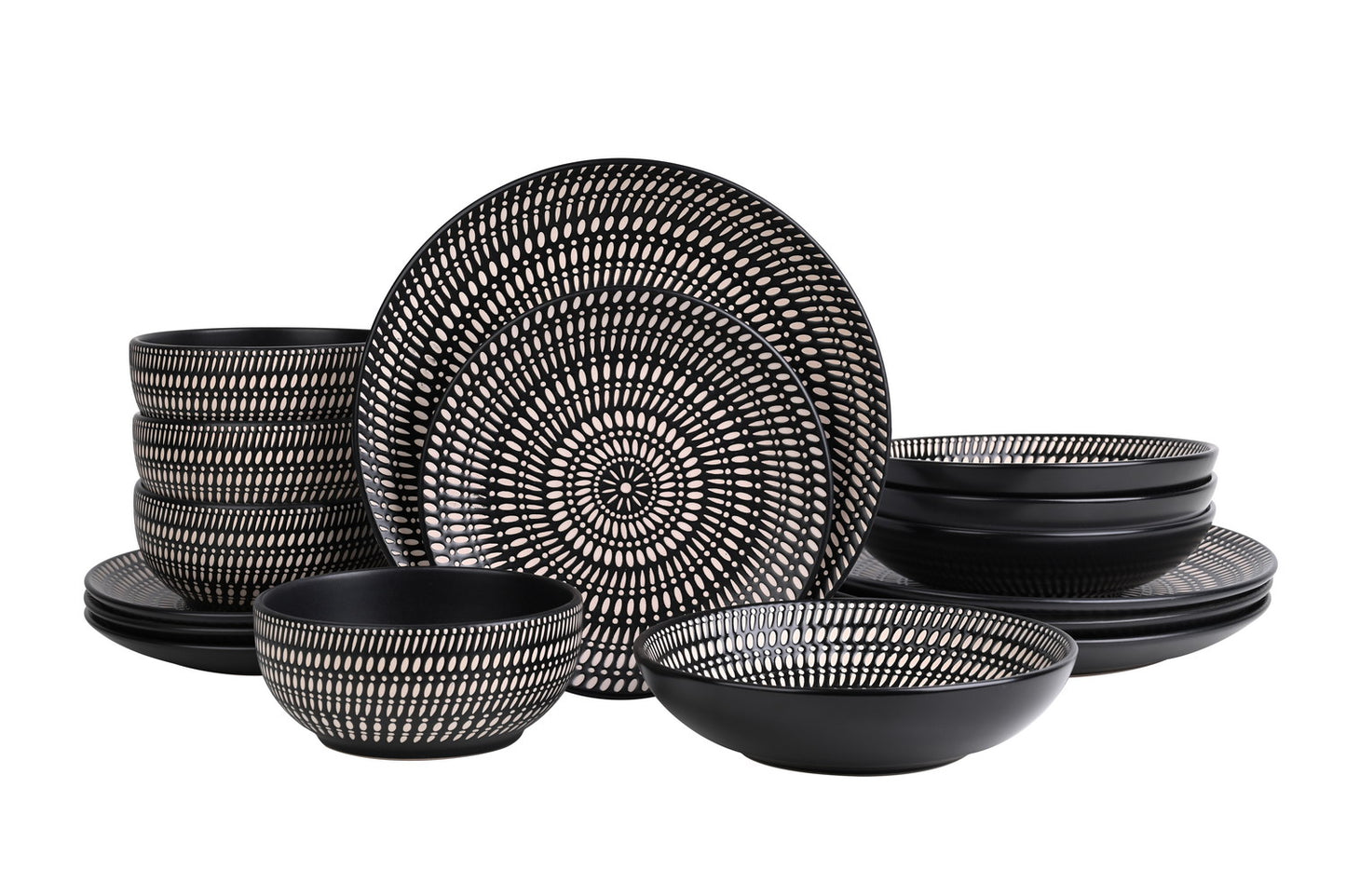 Pad Print Black Stoneware Dinner Set, 16 Pieces