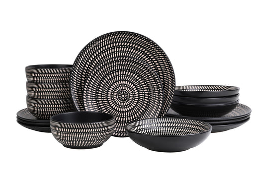 Pad Print Black Stoneware Dinner Set, 16 Pieces