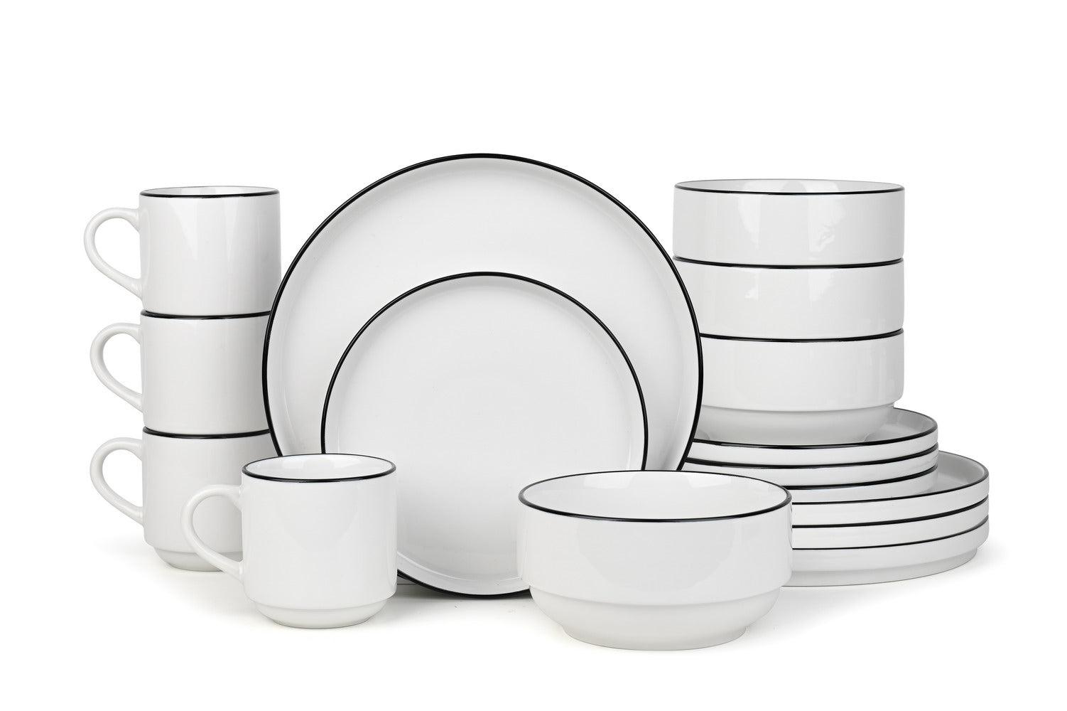 Waterside 16pc Stackable White with Black Rim Porcelain Dinner Set (video included)