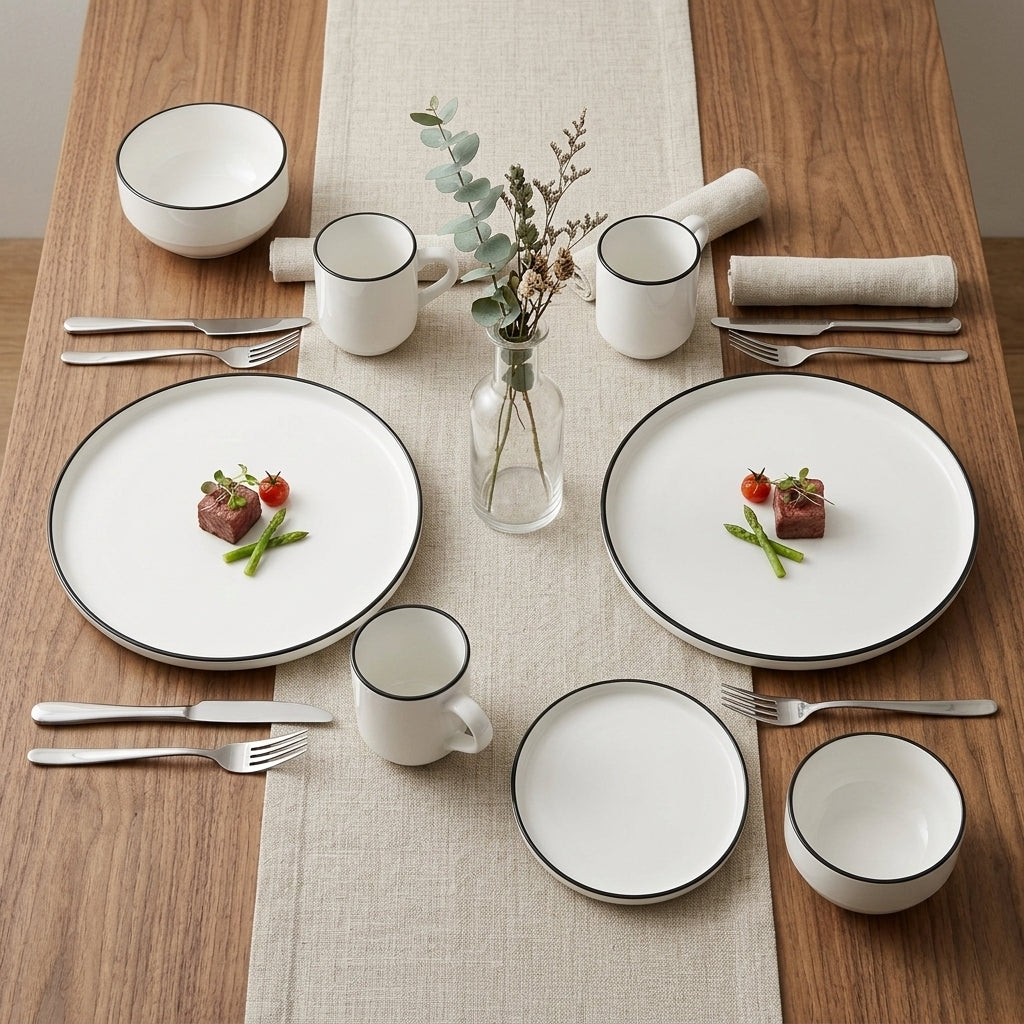 Waterside 16pc Stackable White with Black Rim Porcelain Dinner Set (video included)