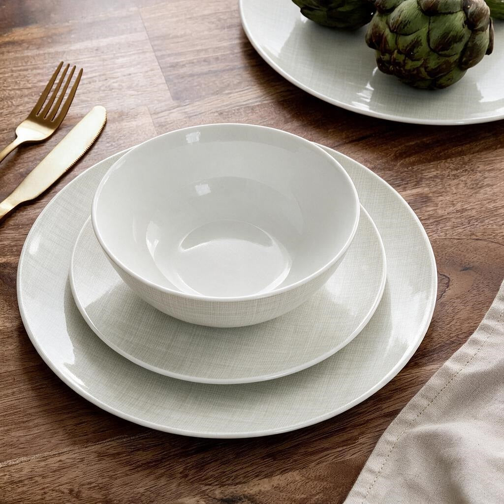 Waterside 12pc Linen Texture  Porcelain Dinner Set ( video attached)