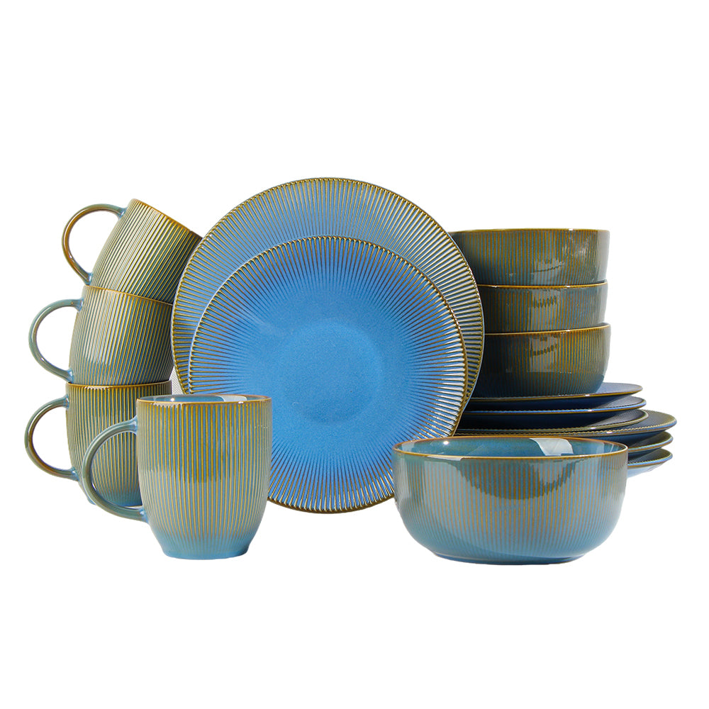 Reactive Glaze Blue Stoneware Dinner Set, 16 Pieces