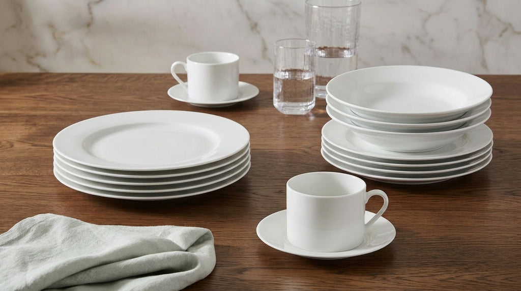 Waterside White Rimmed Porcelain Dinnerware Set, 20 Pieces (video attached)