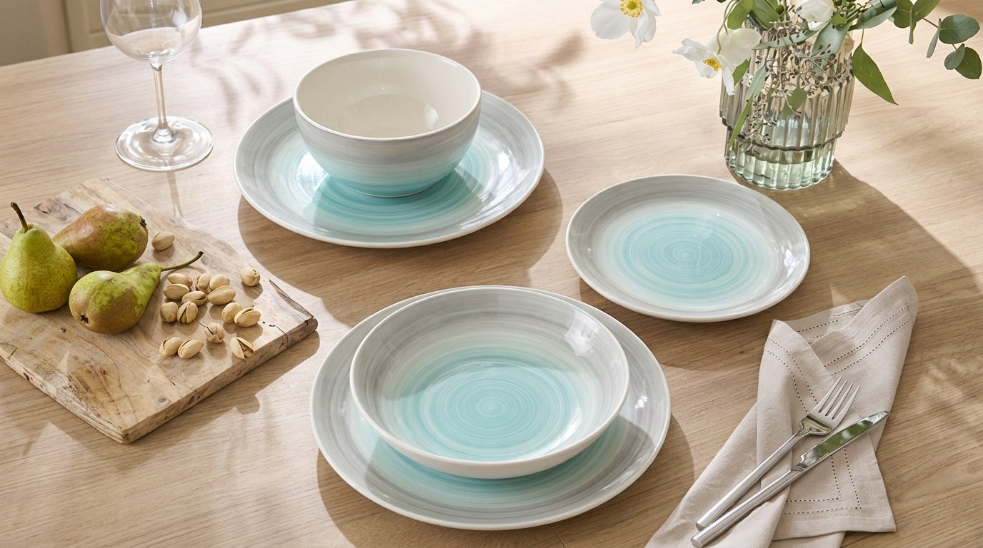 Waterside 24pc Spinwash Blue & Grey Porcelain Dinnerware Set