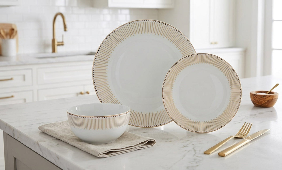 Waterside 12pc GOLD Radiance Porcelain Dinnerware Set (video included)