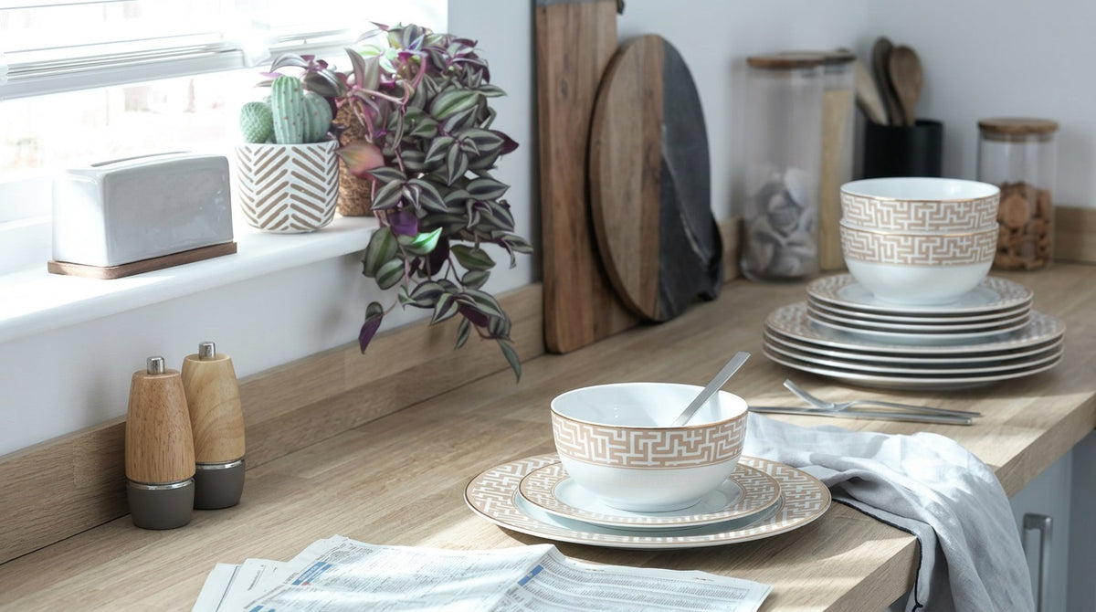 Waterside 12pc Mosaic Porcelain Dinner Set (video attached) 4 Dinner Plates, Side Plates & Deep Bowls
