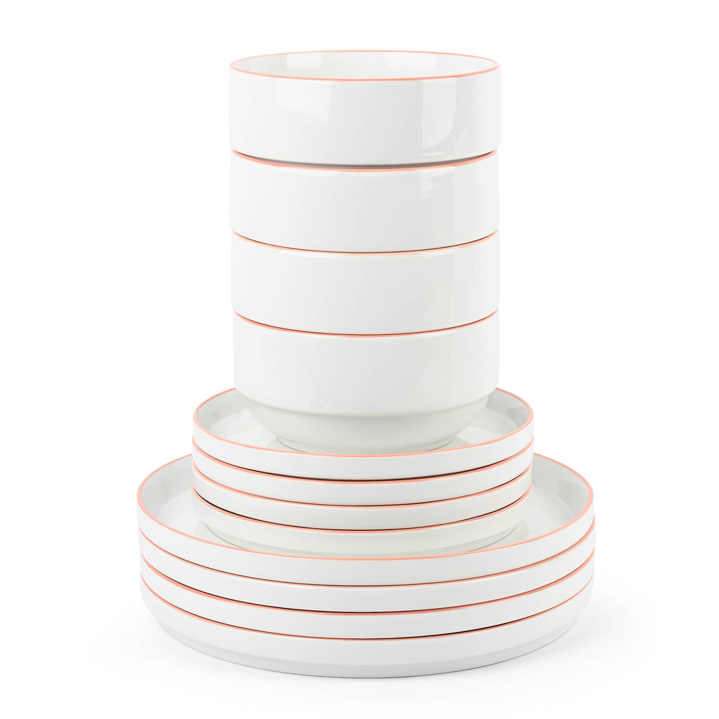 Waterside 12pc Stackable White with Orange Rim Porcelain Dinner Set (Video Attached)