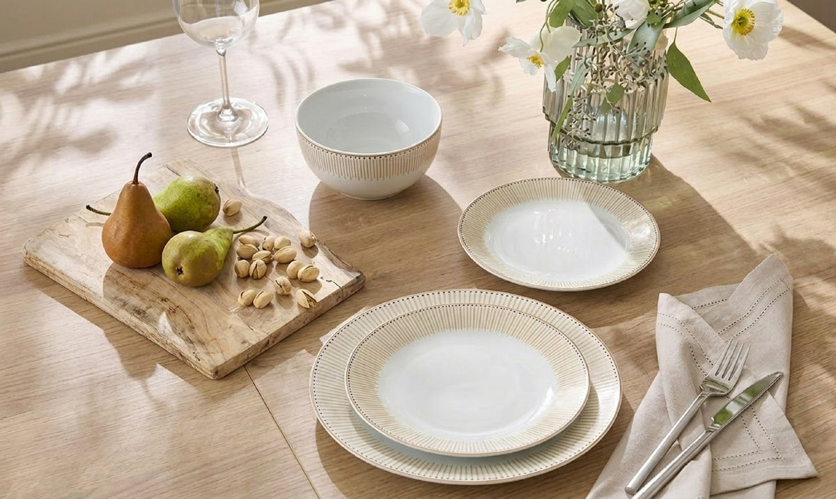 Waterside 12pc GOLD Radiance Porcelain Dinnerware Set (video included)
