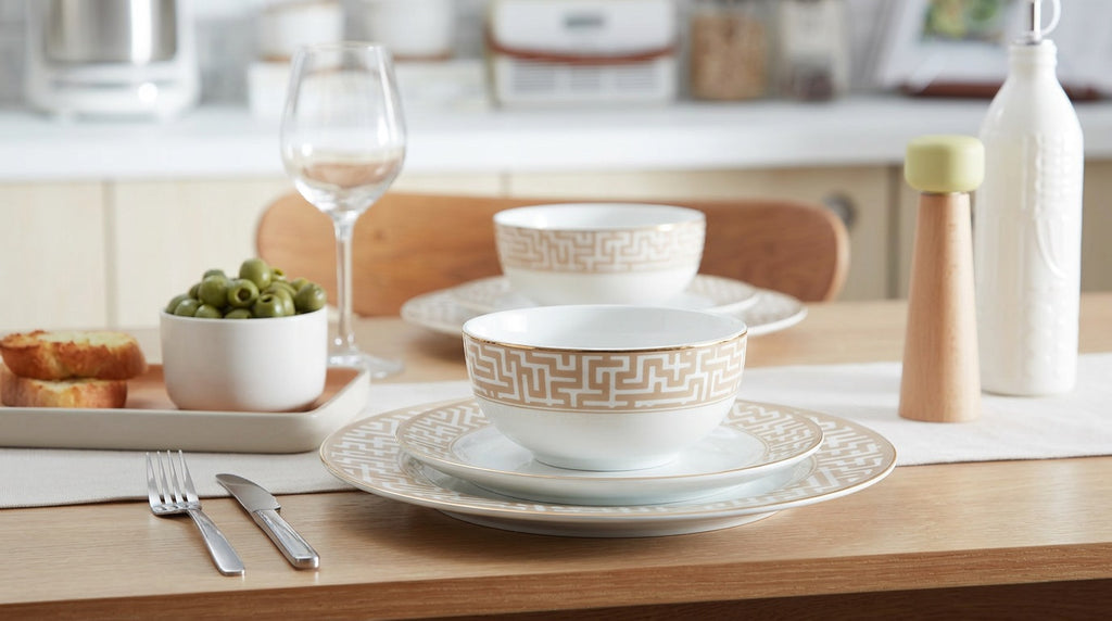 Waterside 12pc Mosaic Porcelain Dinner Set (video attached) 4 Dinner Plates, Side Plates & Deep Bowls