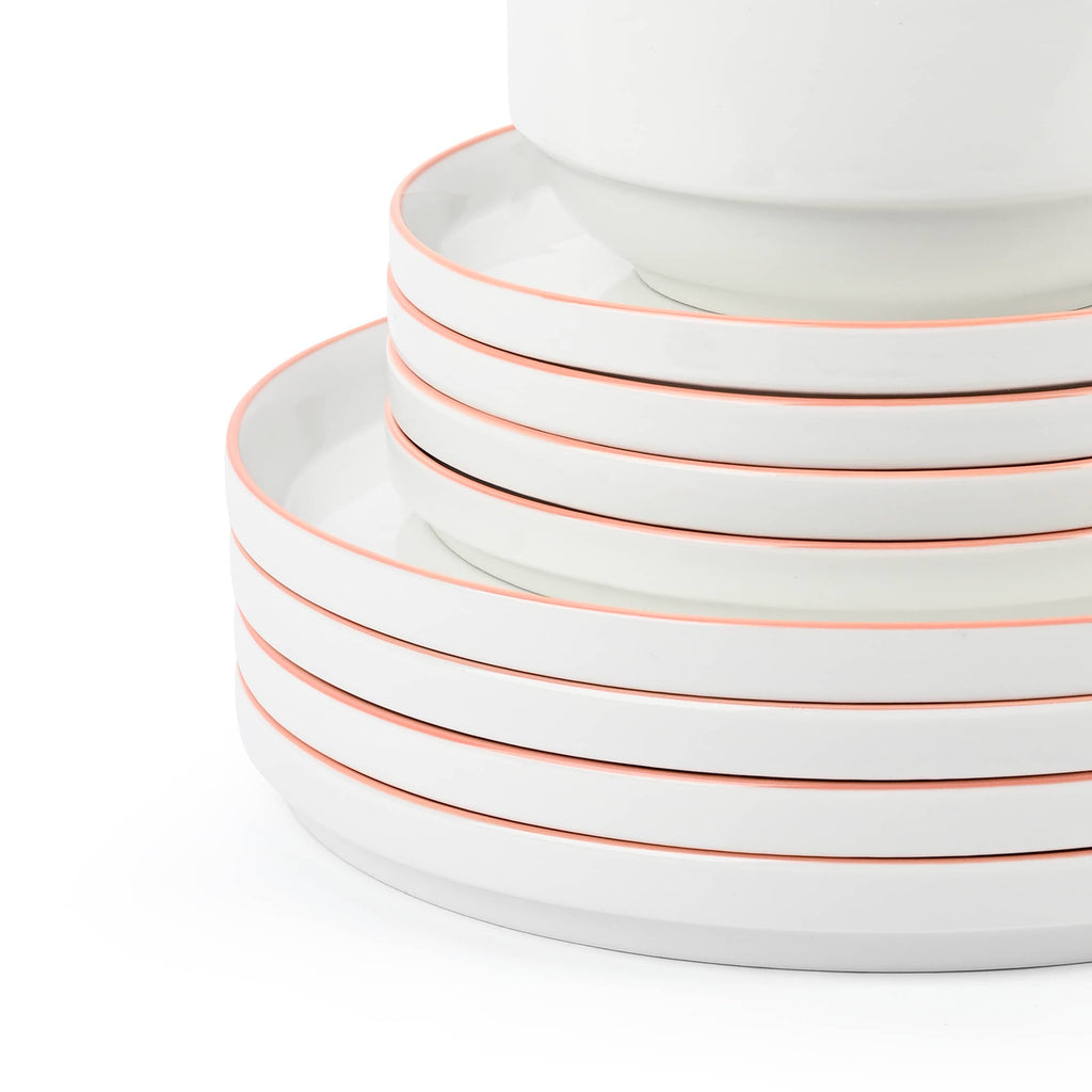 Waterside 12pc Stackable White with Orange Rim Porcelain Dinner Set (Video Attached)