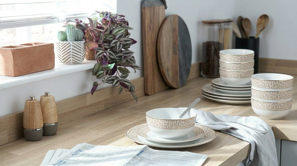 Waterside 12pc Mosaic Porcelain Dinner Set (video attached) 4 Dinner Plates, Side Plates & Deep Bowls