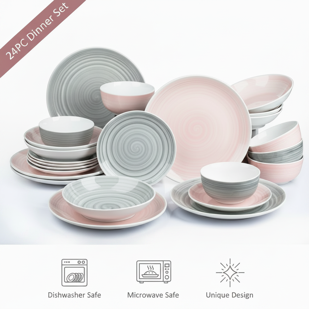 Waterside 24pc Spinwash Pink & Grey Porcelain Dinnerware Set