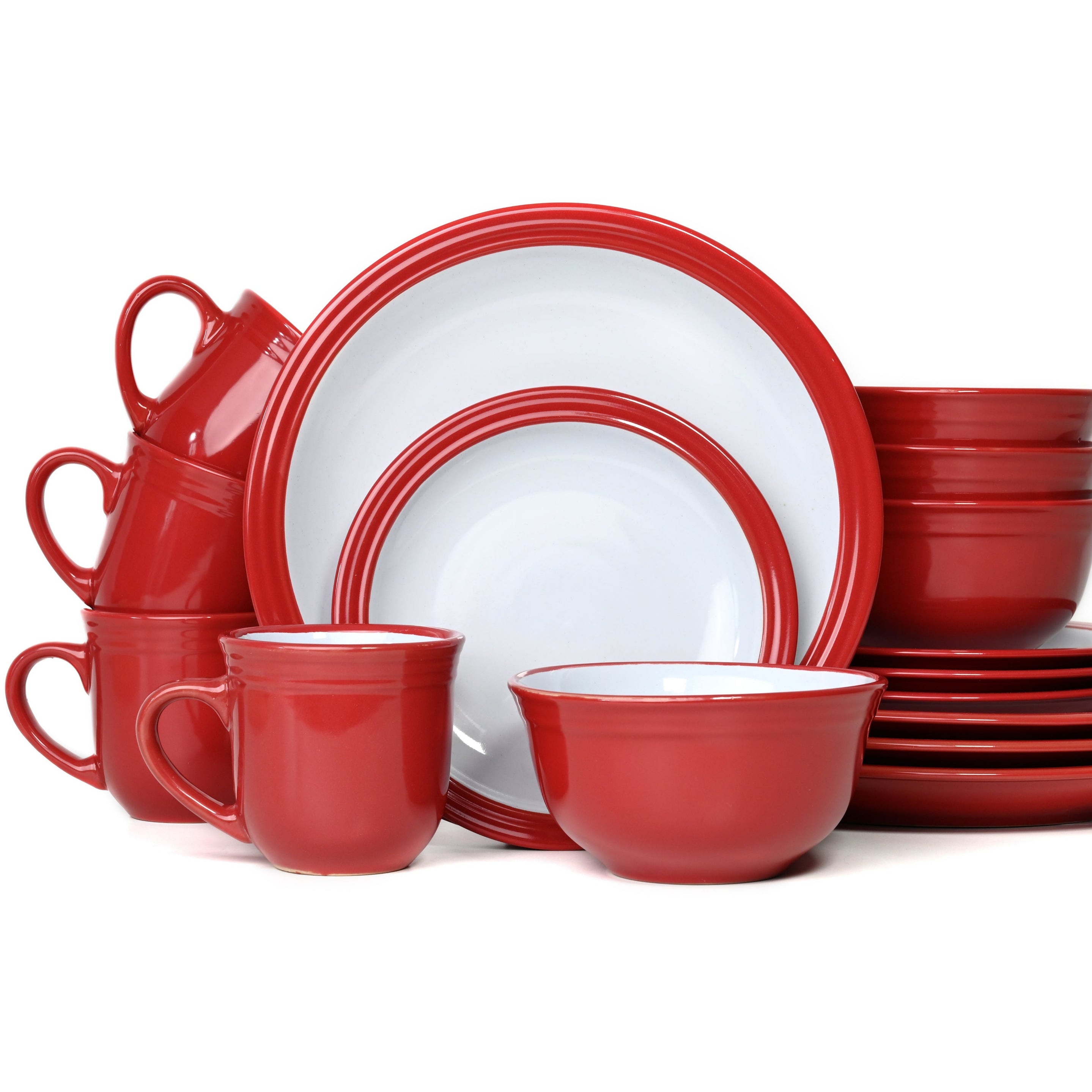 Red ceramic dinnerware set on a white background
