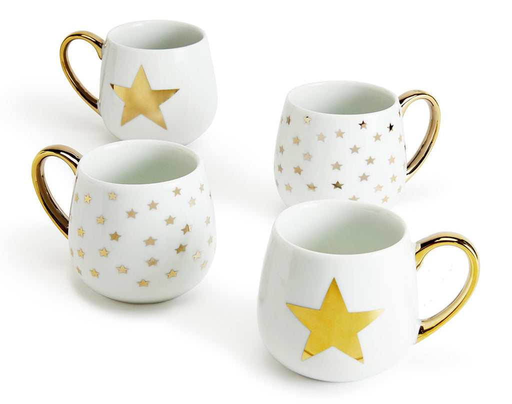 *** SPECIAL OFFER ***   Shiny Gold Star Porcelain Hug Mugs, 4 Pieces