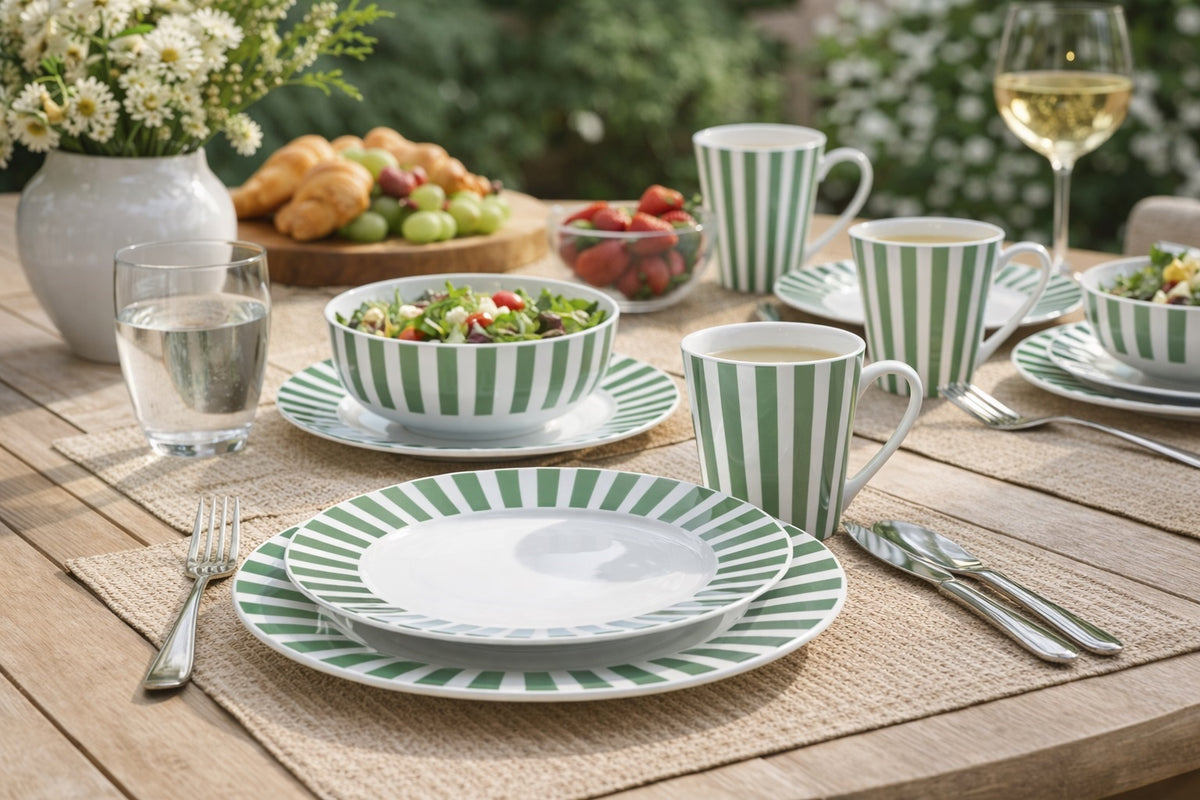 Waterside Green Stripe Porcelain Dinner Set 16 Piece