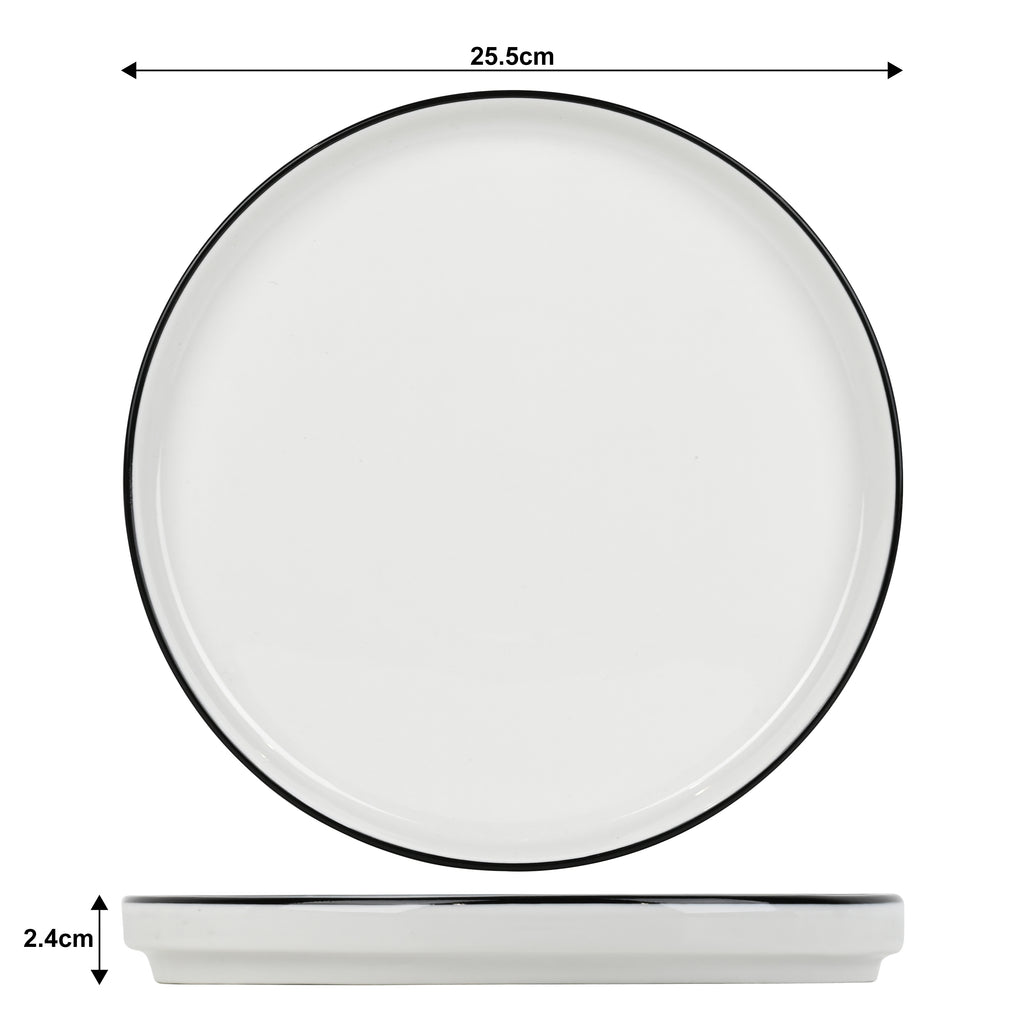 Waterside 12pc Stackable White with Black Rim Porcelain Dinner Set (video attached)