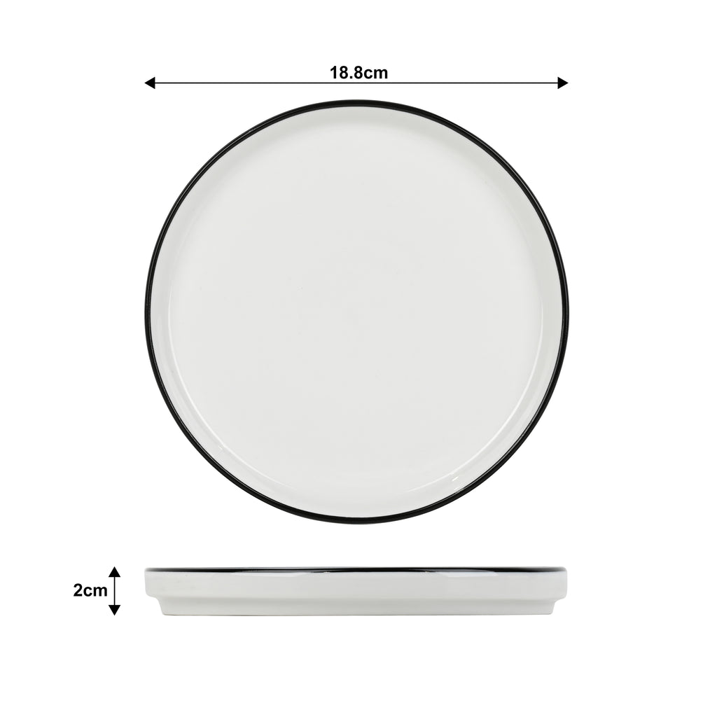 Waterside 12pc Stackable White with Black Rim Porcelain Dinner Set (video attached)