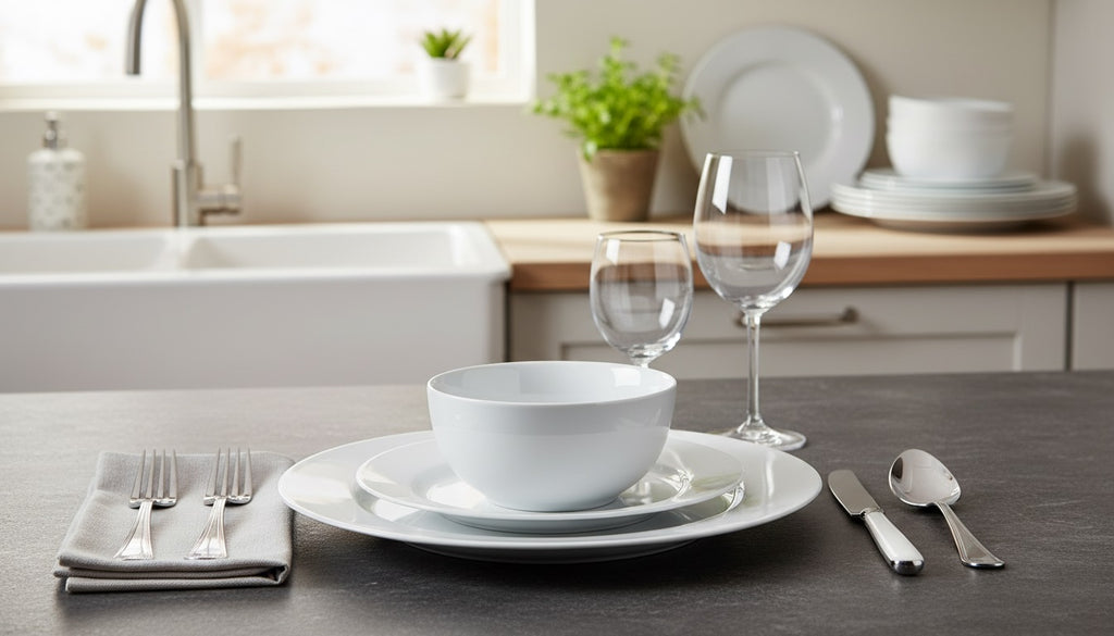 Waterside 18pc White RIM Porcelain Dinnerware Set; 6 Dinner Plates, Side Plates & Bowls (video attached)