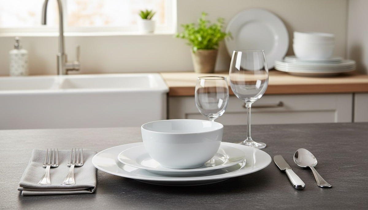 Waterside 18pc White RIM Porcelain Dinnerware Set; 6 Dinner Plates, Side Plates & Bowls (video attached)