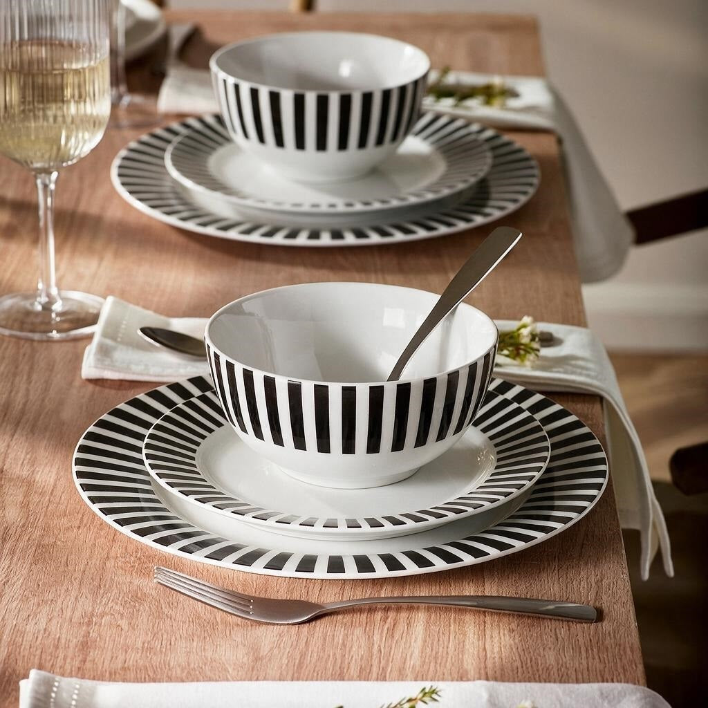 Waterside 12pc Black Stripe Porcelain Dinner Set ( video attached)
