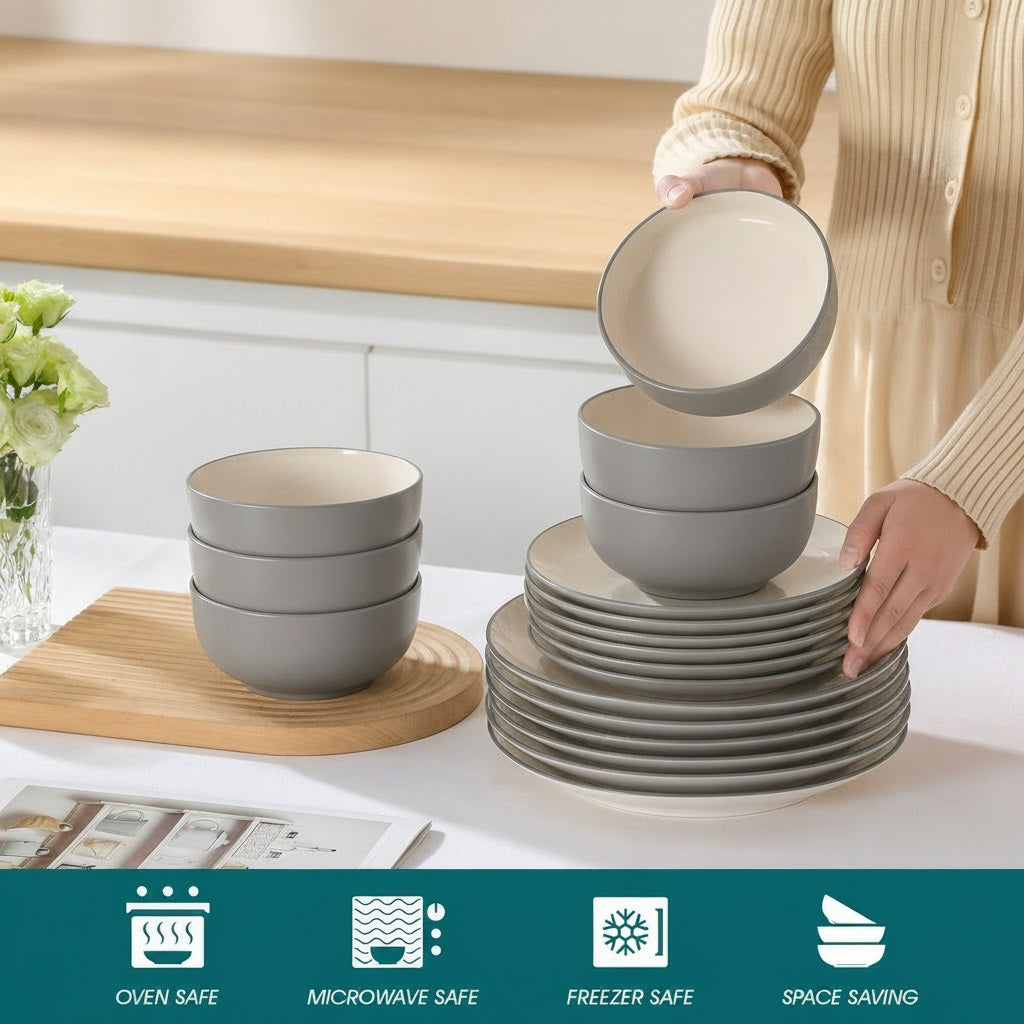 Waterside 12pc Mysa Cream & Grey  Dinner Set