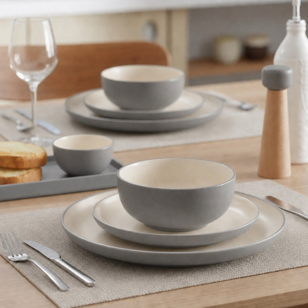 Waterside 12pc Mysa Cream & Grey  Dinner Set