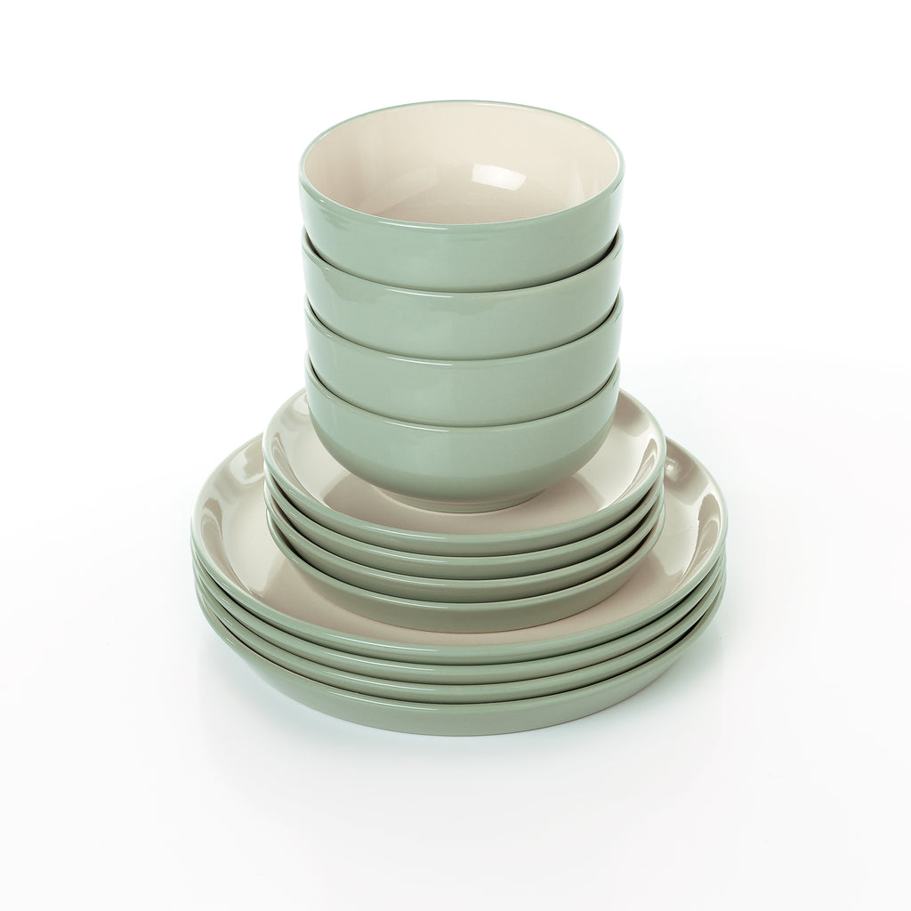 Waterside 12pc Mysa Cream & Green Dinner Set