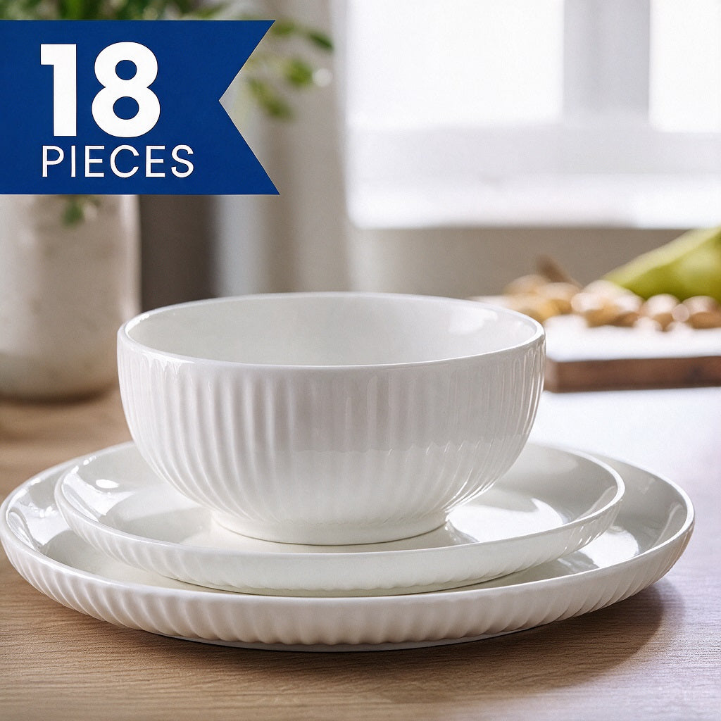 Waterside 18pc Luna White Porcelain Embossed Dinner Set