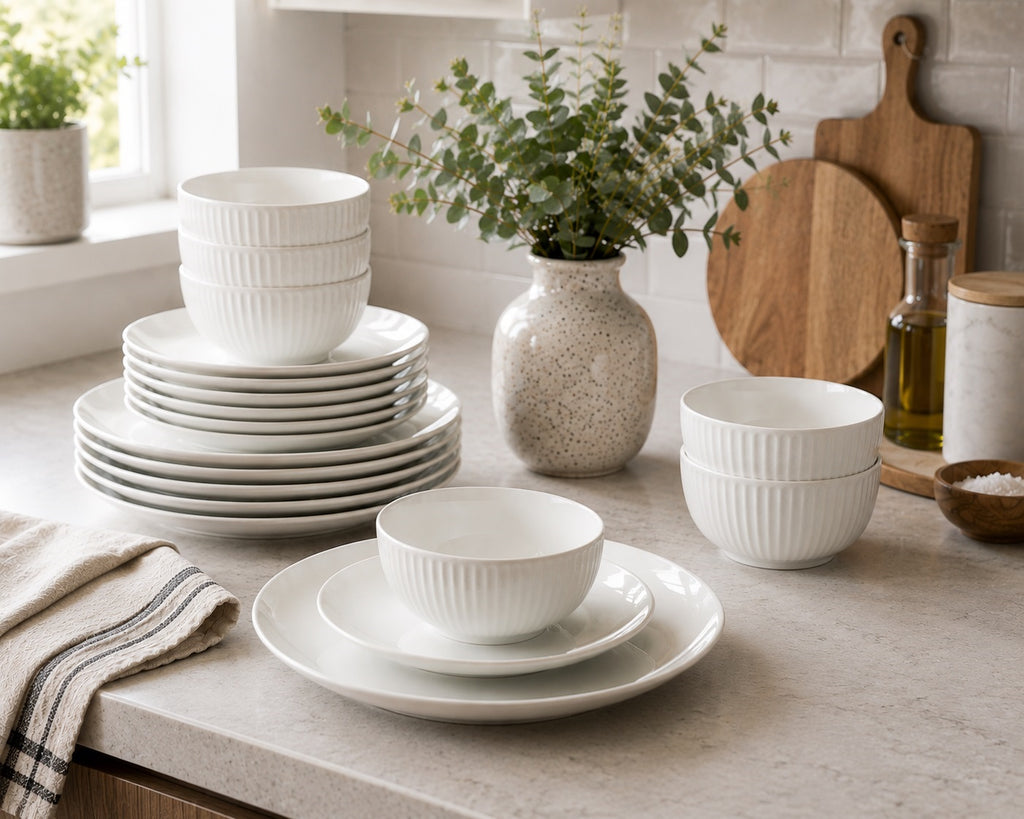 Waterside 18pc Luna White Porcelain Embossed Dinner Set