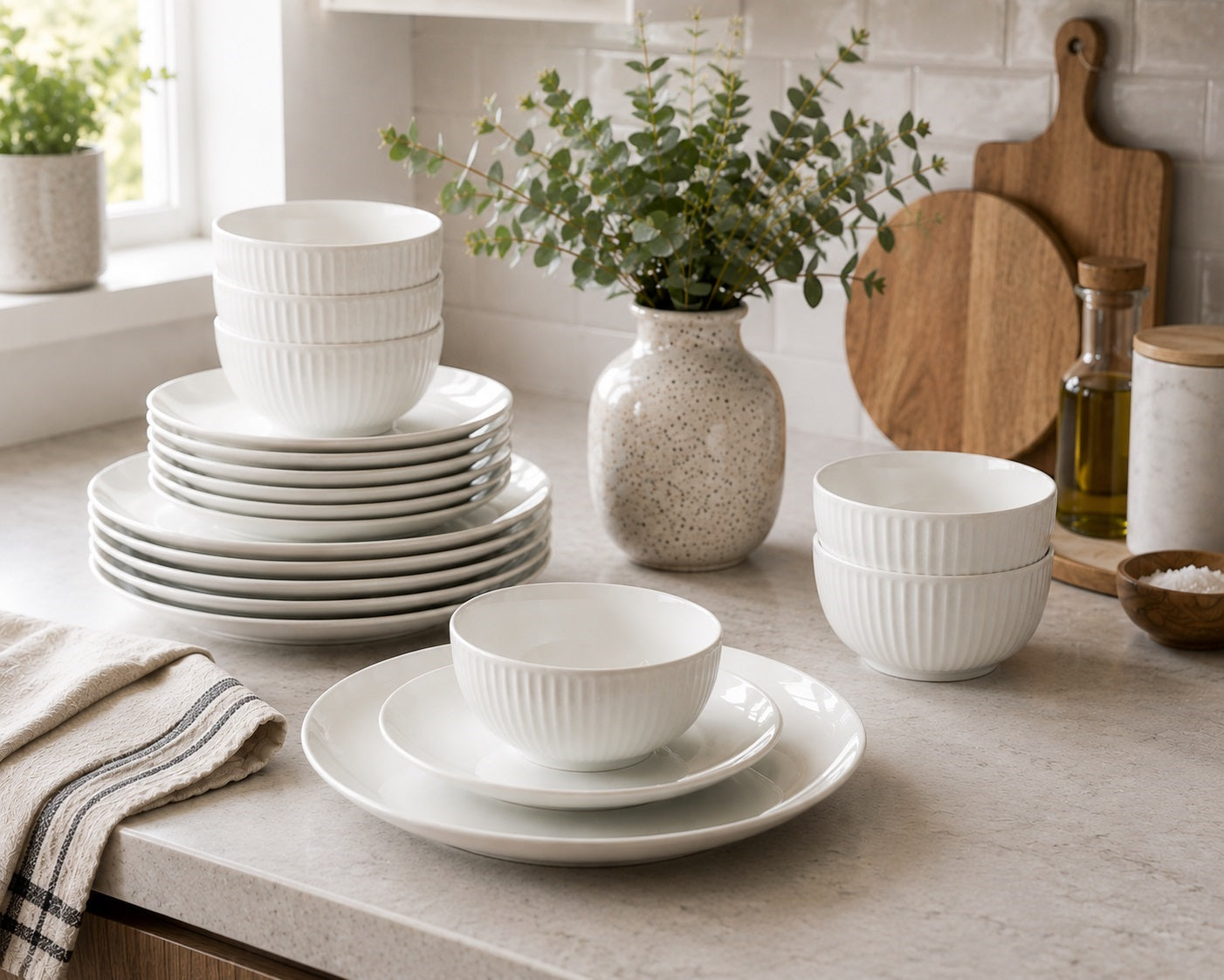 Waterside 18pc Luna White Porcelain Embossed Dinner Set