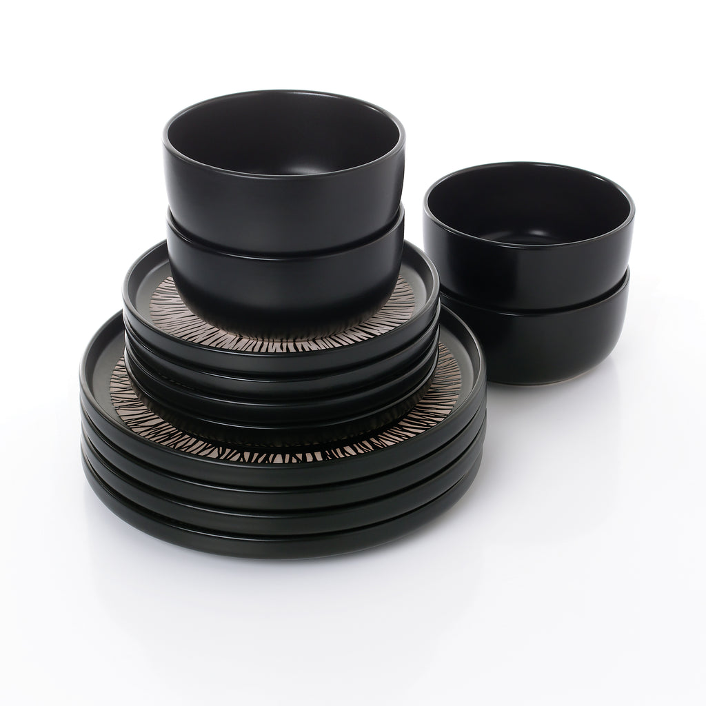 Waterside 12pc Aura Black Stoneware  Dinner Set