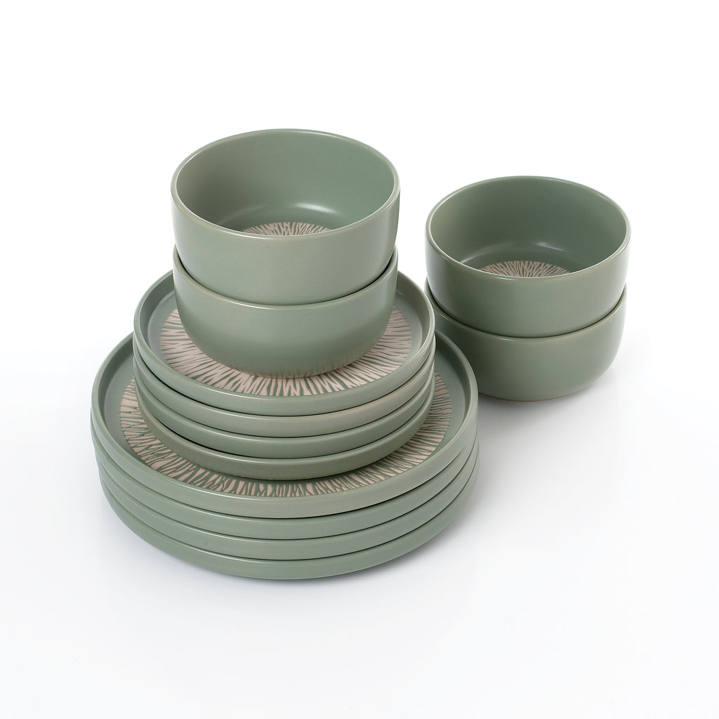 Waterside 12pc Aura Sage Green Stoneware  Dinner Set