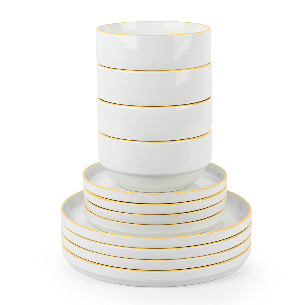Waterside 12pc Stackable White with Yellow Rim Porcelain Dinner Set (Video Attached)