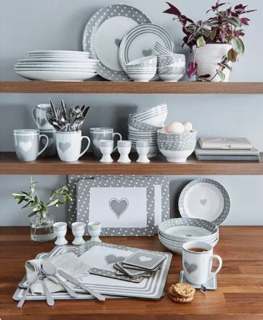 80pc Waterside Grey Heart Combination Tableware Set; Porcelain, Placemats and Cutlery