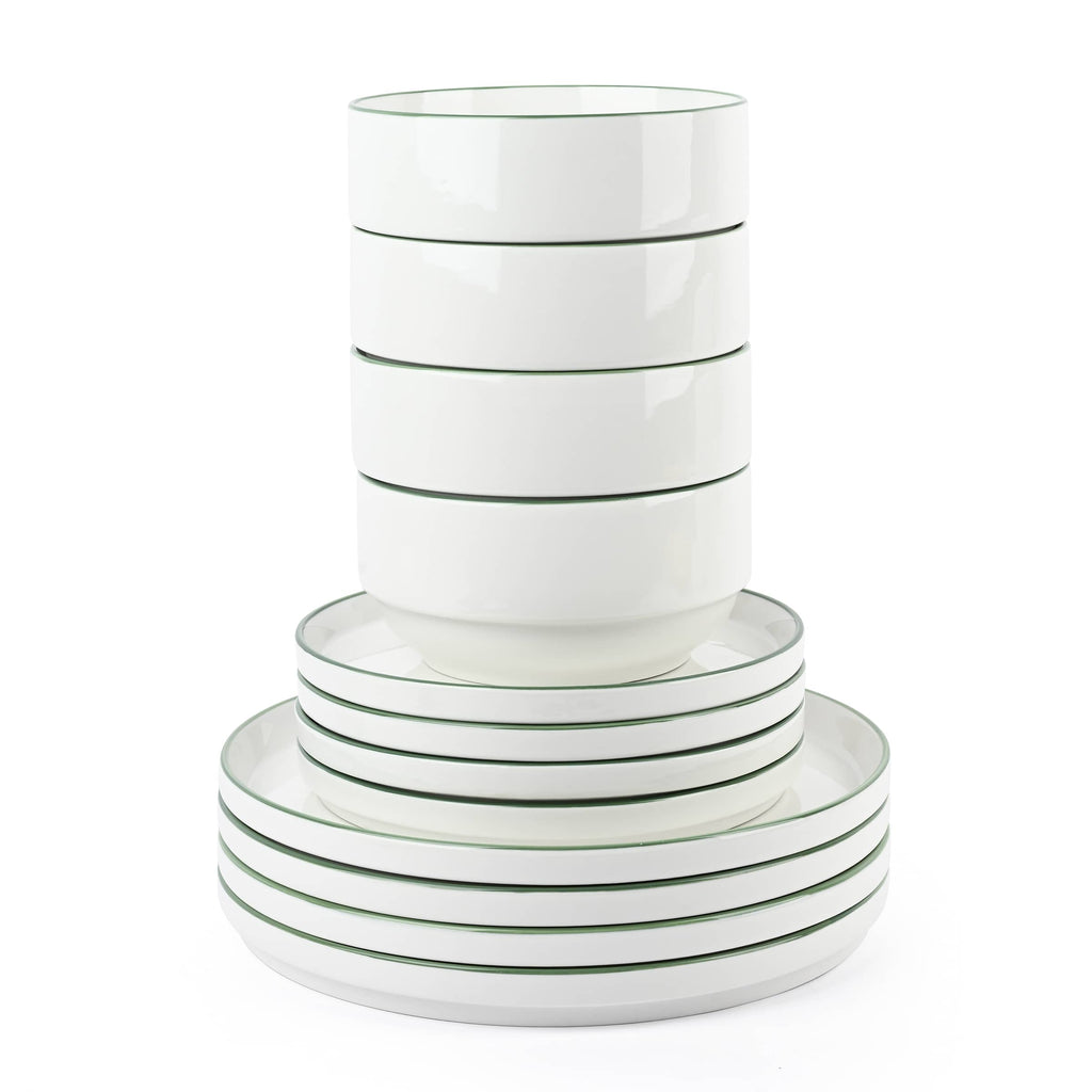 Waterside 12pc Stackable White with Green Rim Porcelain Dinner Set (Video Attached)