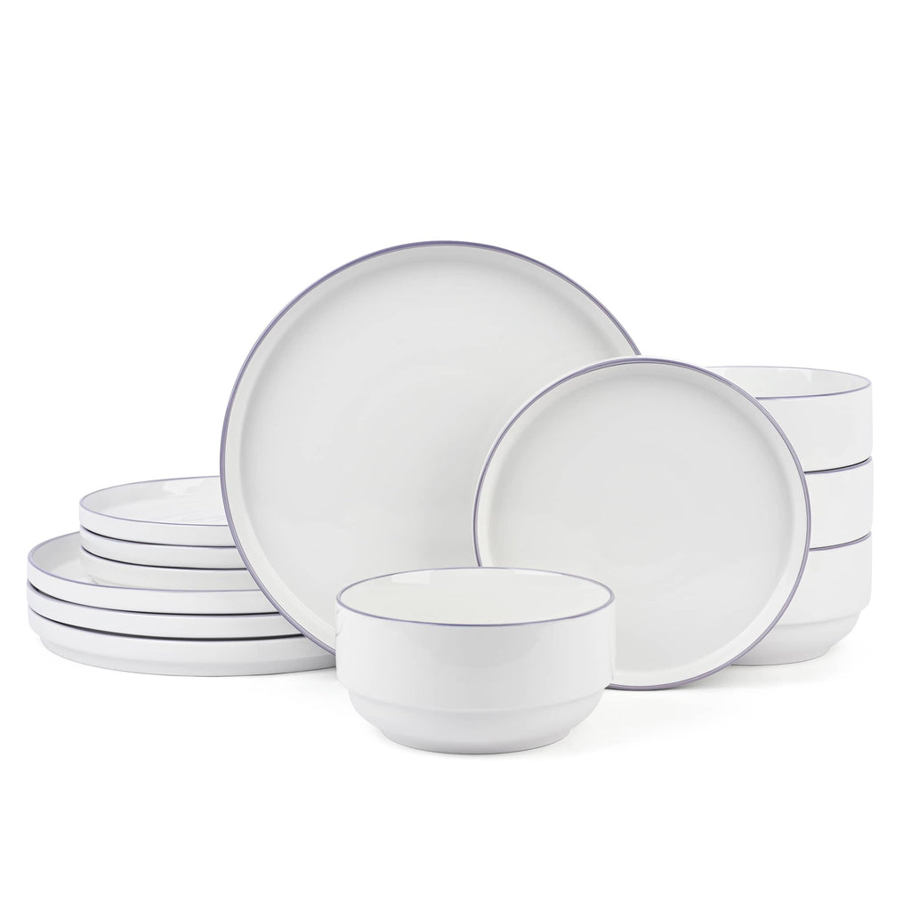 Waterside 12pc Stackable White with Purple Rim Porcelain Dinner Set (Video Attached)