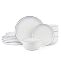Waterside 12pc Stackable White with Purple Rim Porcelain Dinner Set (Video Attached)