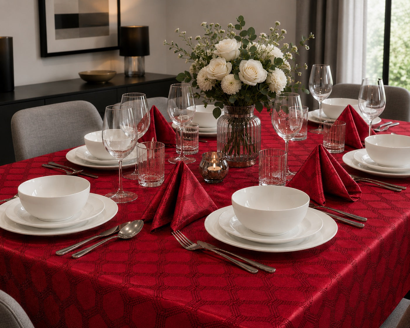 Waterside 9pc RED Geo Table Linen Set