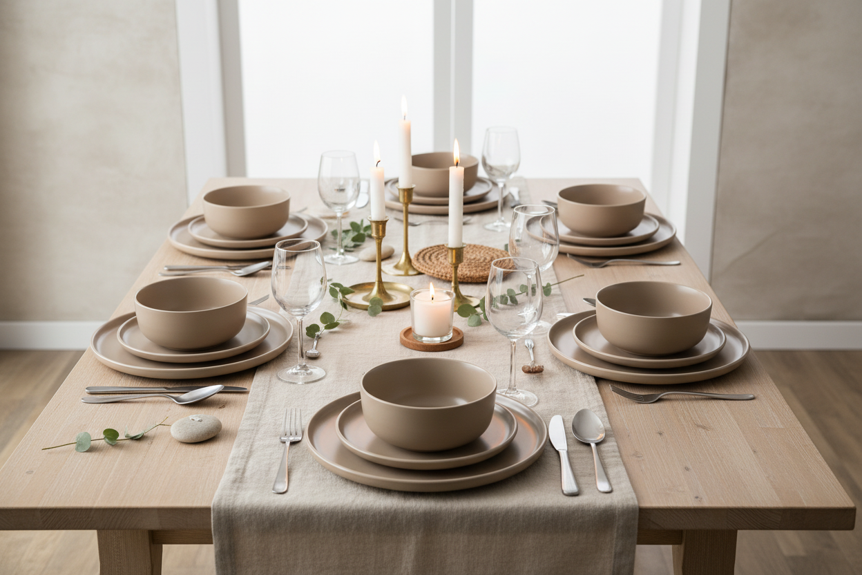 Solid Beige Stoneware Dinner Set, 18 Pieces