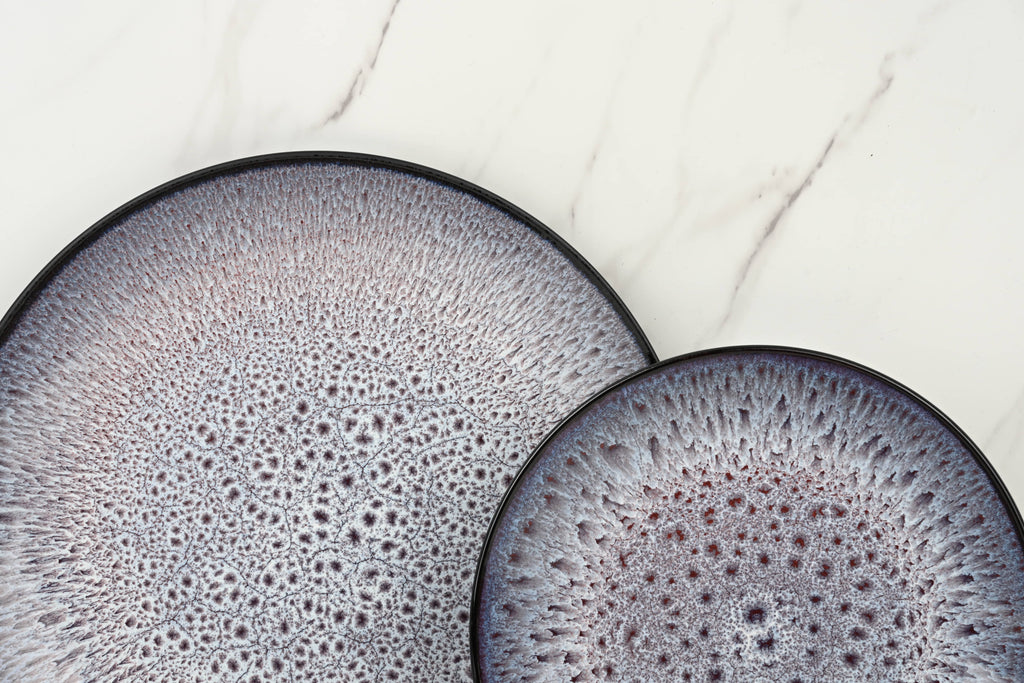 Waterside 12pc Blue Purple Reactive Glaze Stoneware Dinner Set (video attached)