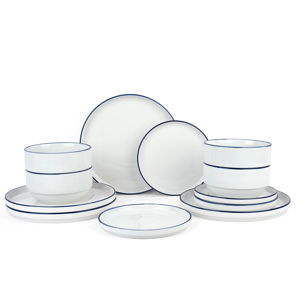 Waterside 12pc Stackable White with Blue Rim Porcelain Dinner Set
